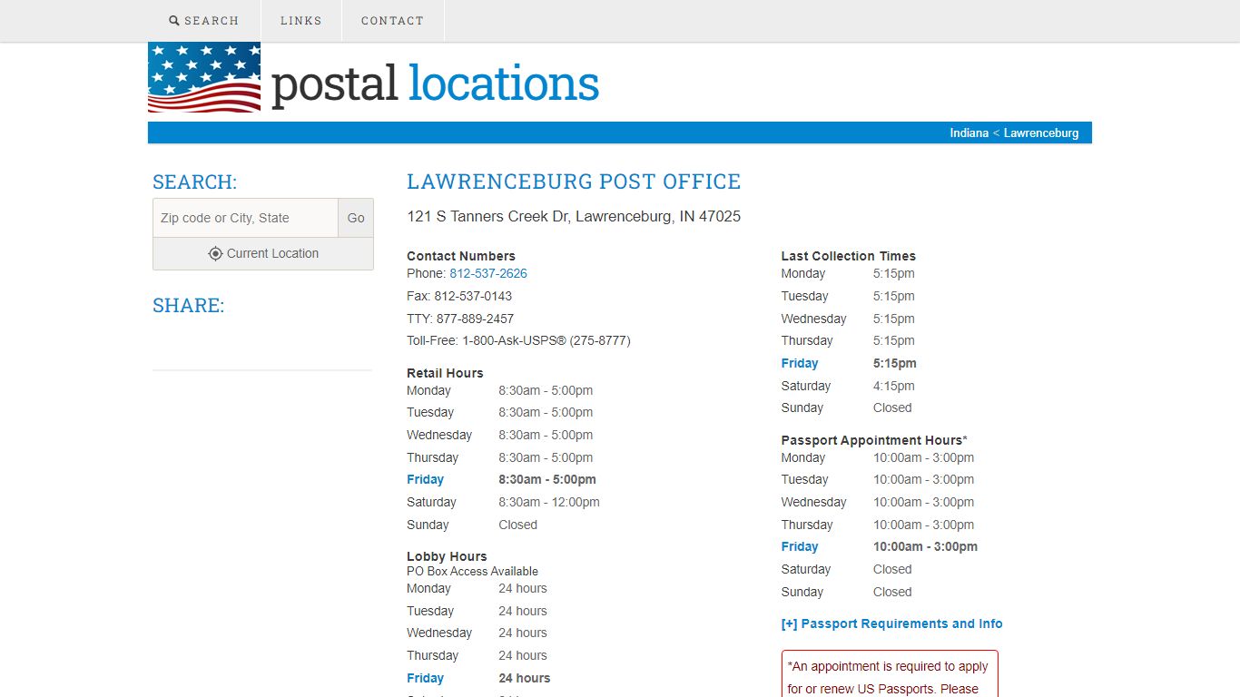 Post Office in Lawrenceburg, IN - Hours and Location - Postal Locations