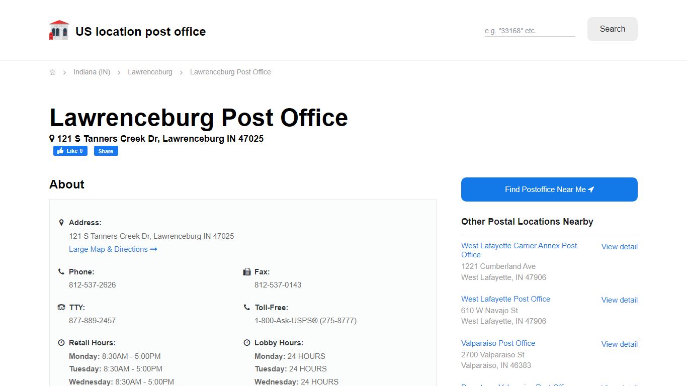 Lawrenceburg Post Office, IN 47025 - Hours Phone Service and Location