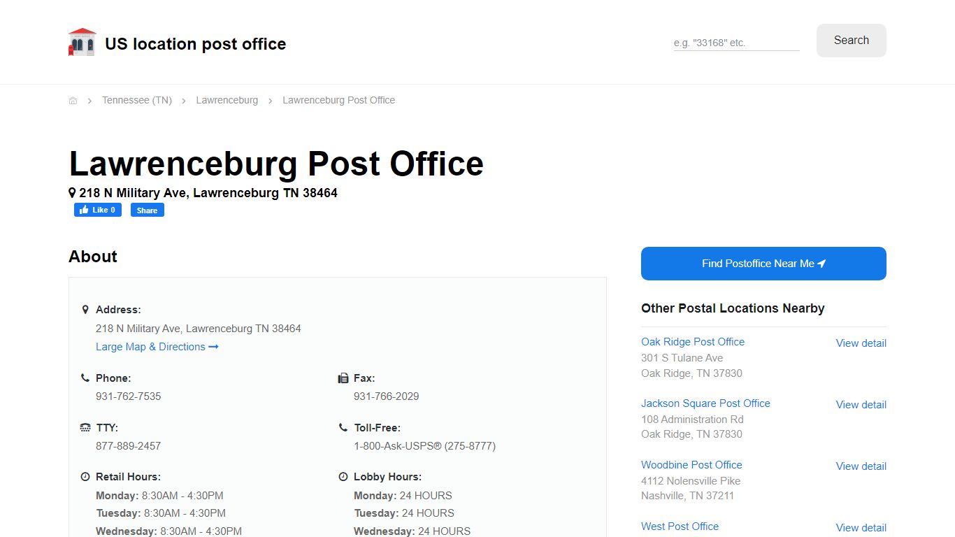 Lawrenceburg Post Office, TN 38464 - Hours Phone Service and Location