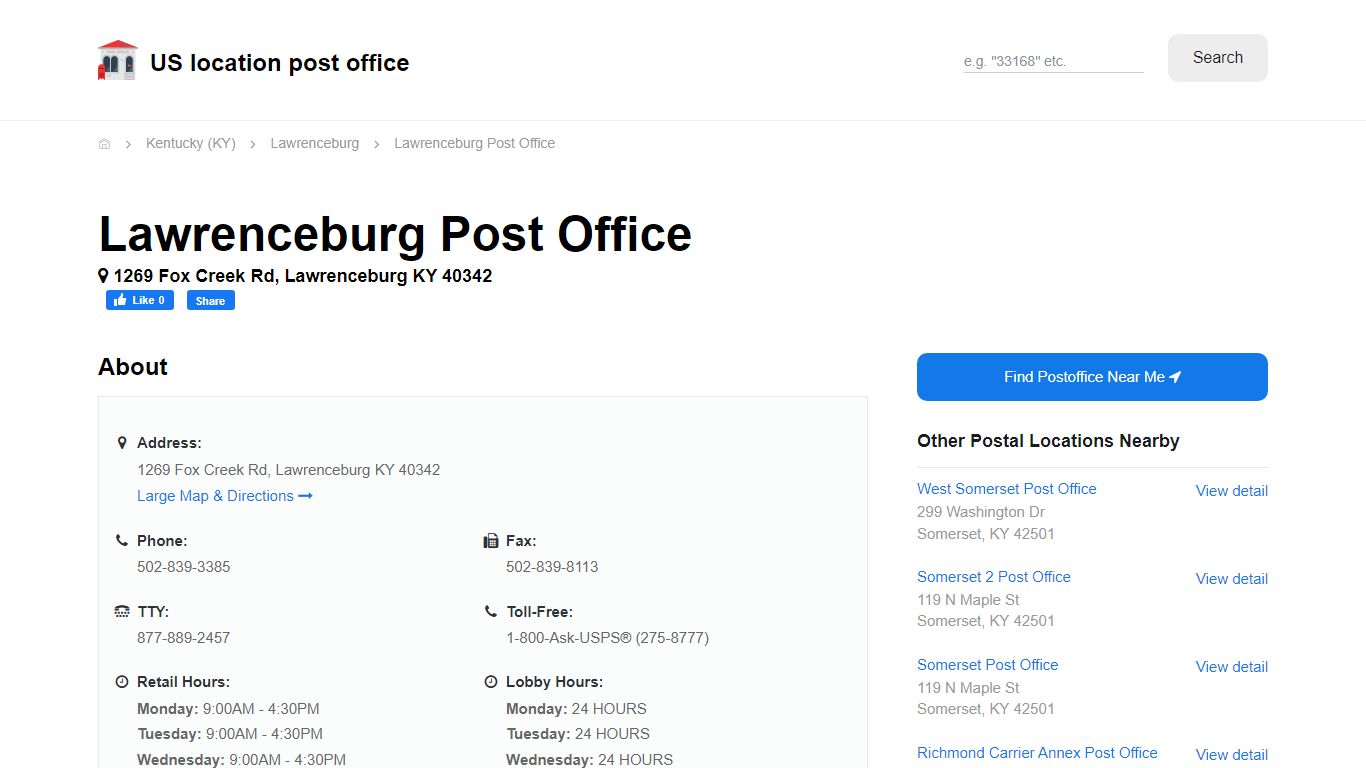 Lawrenceburg Post Office, KY 40342 - Hours Phone Service and Location